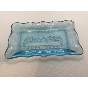 Aqua Blue Tiara Glass Tray  "The Last Supper"Scalloped Trinket Dish Soap Dish